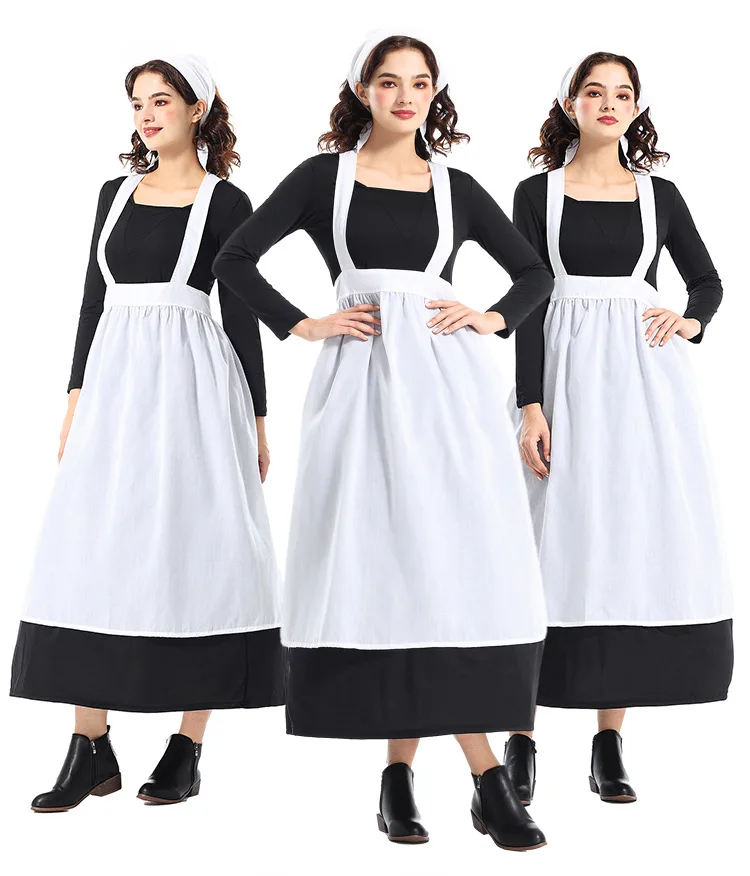 Women's Apron Maid Dress Cosplay Halloween Costume Ladies French Manor Dress Retro Role Play Medieval Elegant Maxi Dress