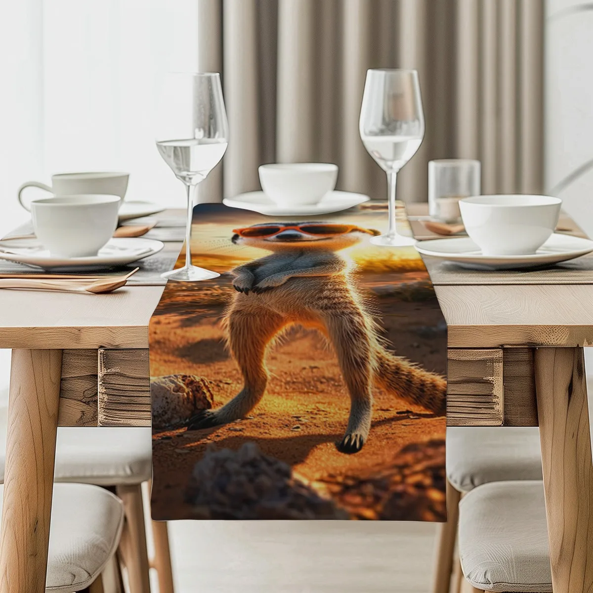 print table runner Meerkat Furry Sunset Style Table Flag for Kitchen, Dining Room, Outdoor Garden Parties Polyester