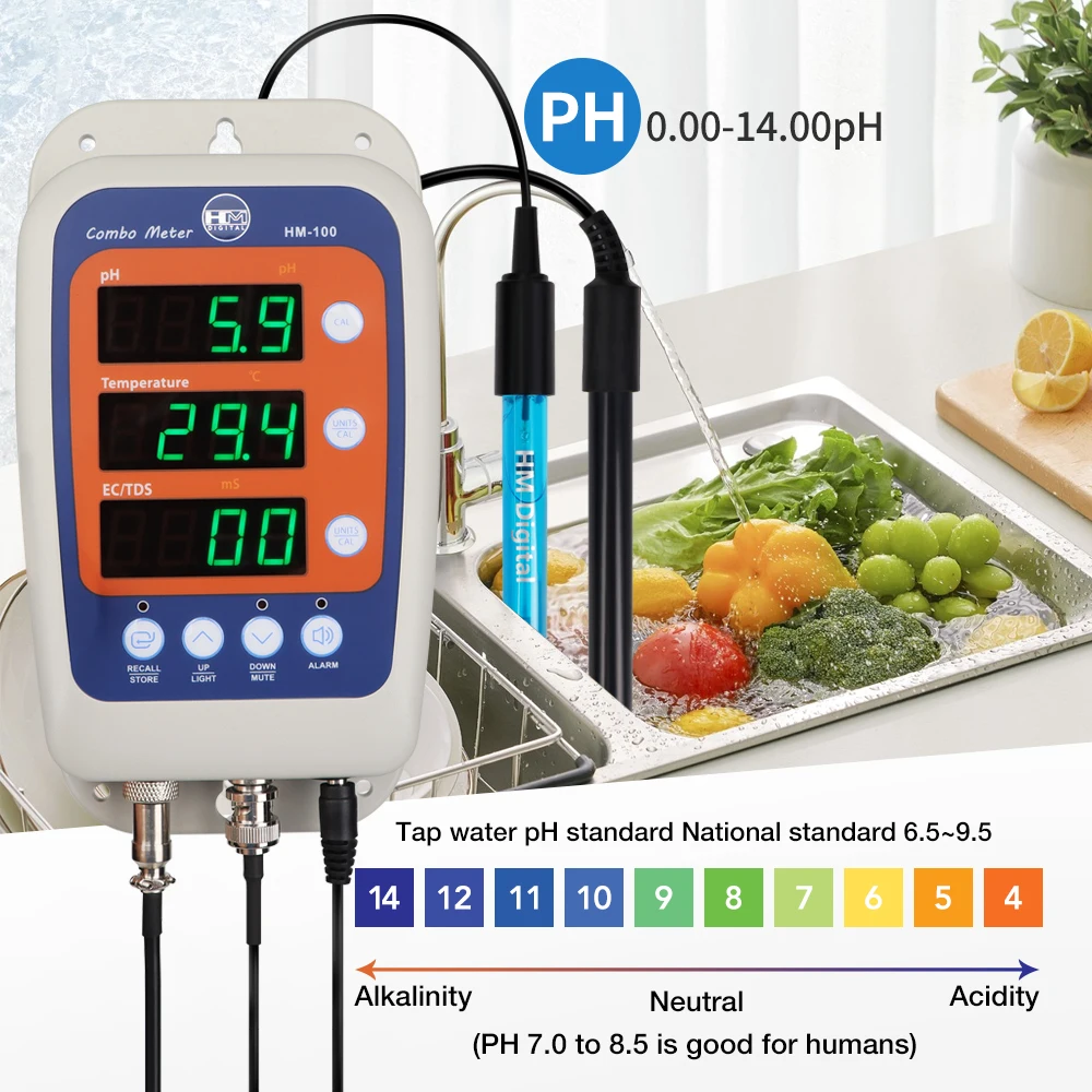 HM100 Multi-Parameter Tester LCD Digital 4 in 1 Water Quality Tester PH Temp TDS EC Detector Water Monitor for Fish Tank Pool