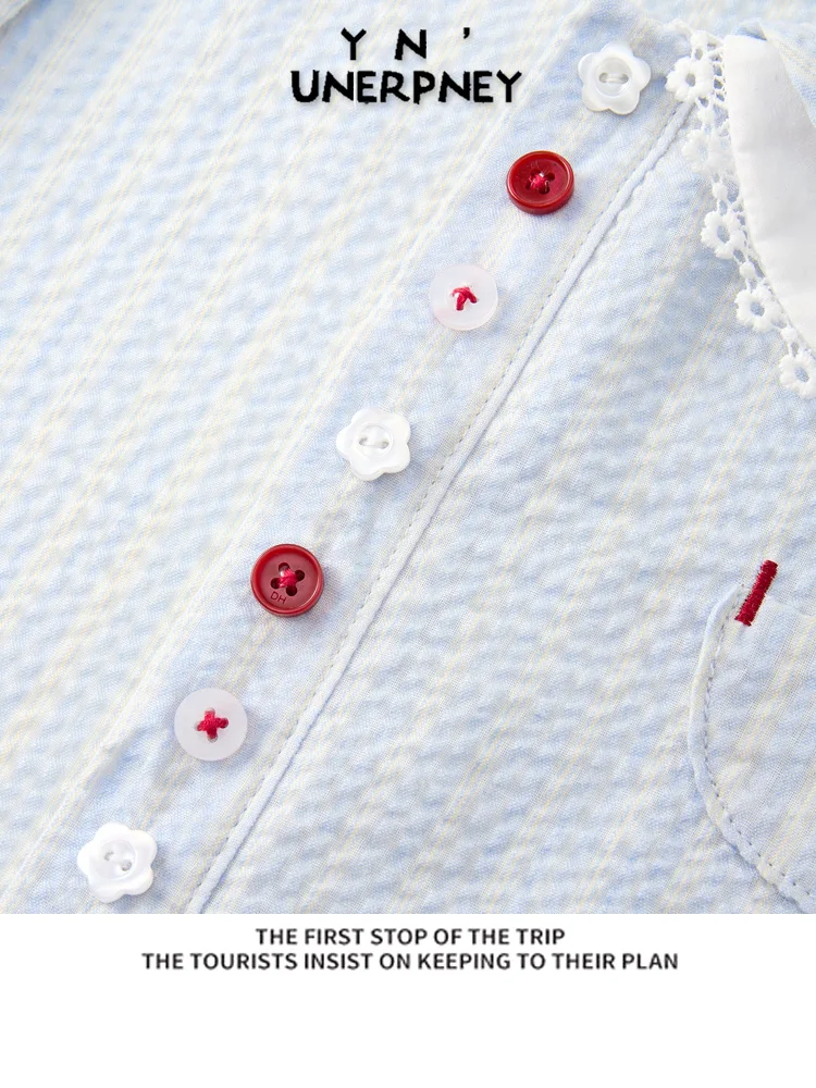 Colletto per bambola a righe blu ort Sve irt Faion da donna Estate 2025 Simpatico top giapponese Sle Cact Size