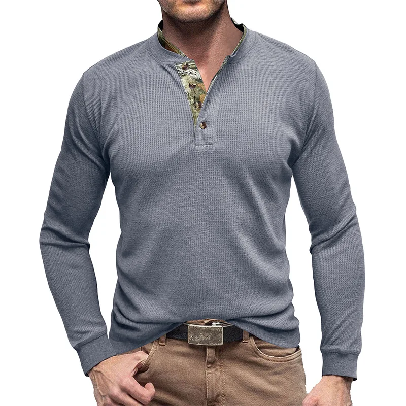 

Men's Long Sleeve Outdoor Base Shirt European and American Mens Henry T-shirt Waffle Round Neck Top