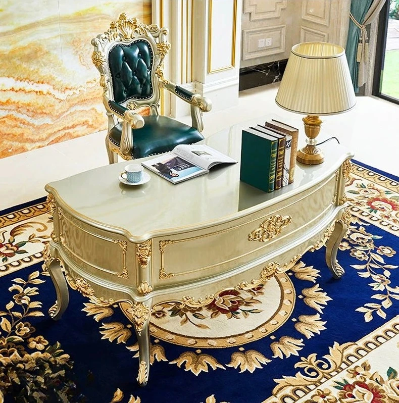 

European desk American villa study solid wood carving flower painted gold computer desk writing desk