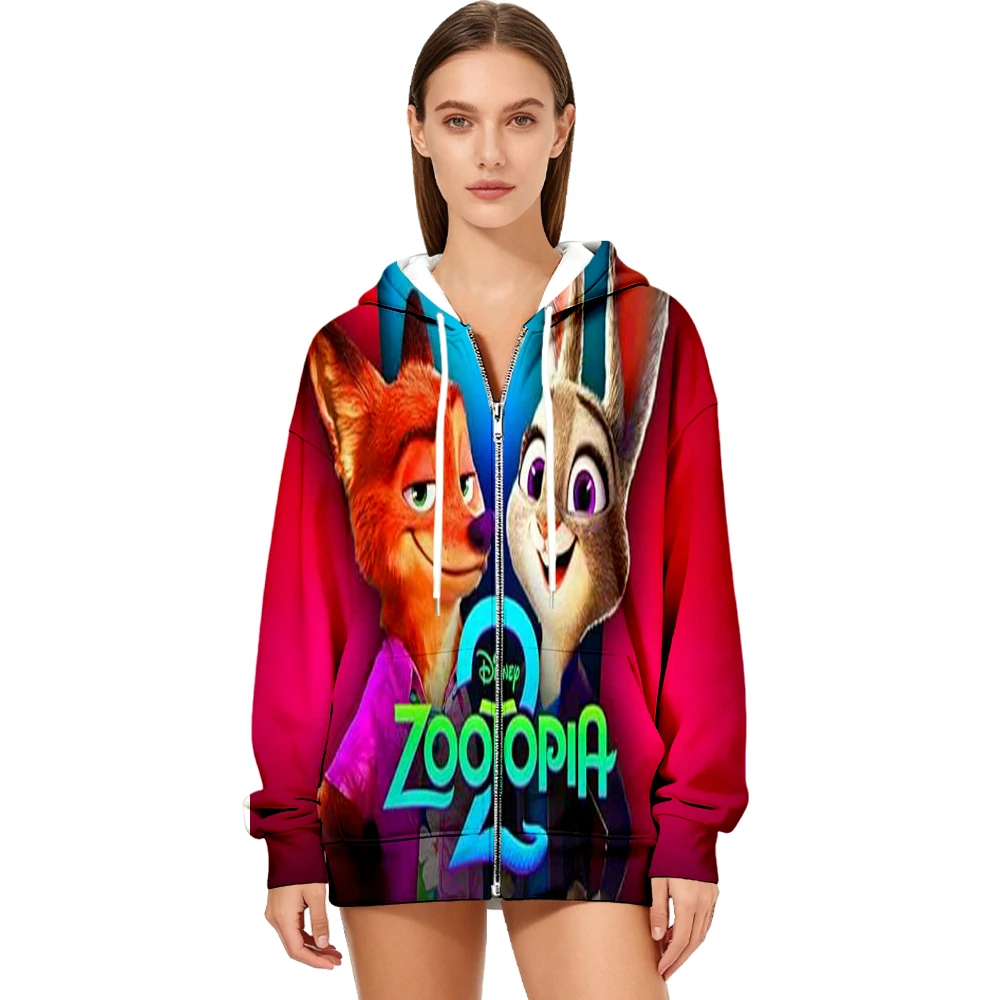 Sweat-shirt à capuche surdimensionné pour femme, fermeture éclair, Zootopia 2, Nick & Judy, imprimé, Y2K, mode de rue, nouvelle collection hiver