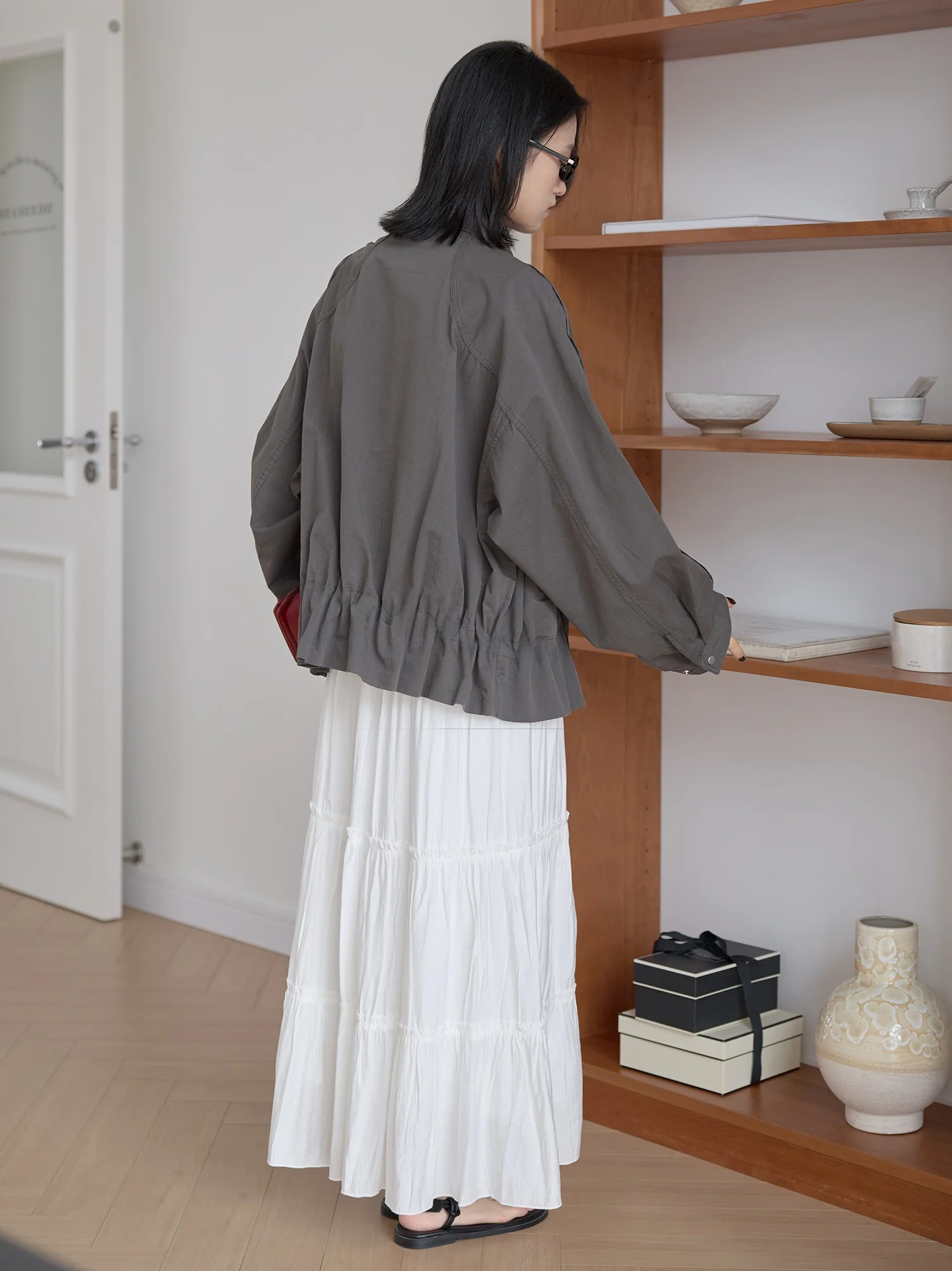 

Retro Pleated Flower Bud Hem Design Worn-In Workwear Jaet Loose oulder Dropped Relaxed Stand Collar Jaet for Women