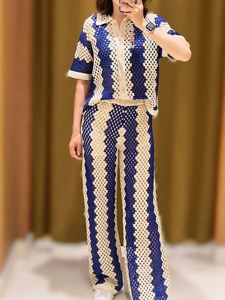 

Fashion Hollow Out Dark Blue Stripes Two Piece Set Women's Short Sleeve Cardigan Tops Or High Waist Long Pants Ladies Knit Suit