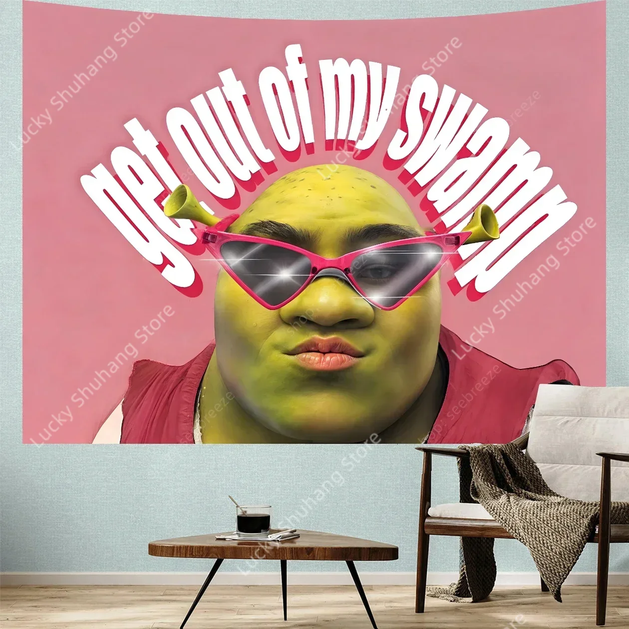Get Out of My Swamp Wandteppich, Shrek-Rosa-Wandteppiche, lustige Meme-Wandteppiche, Wandbehang, Kunstposter für Schlafzimmer, Wohnzimmer, Dekoration