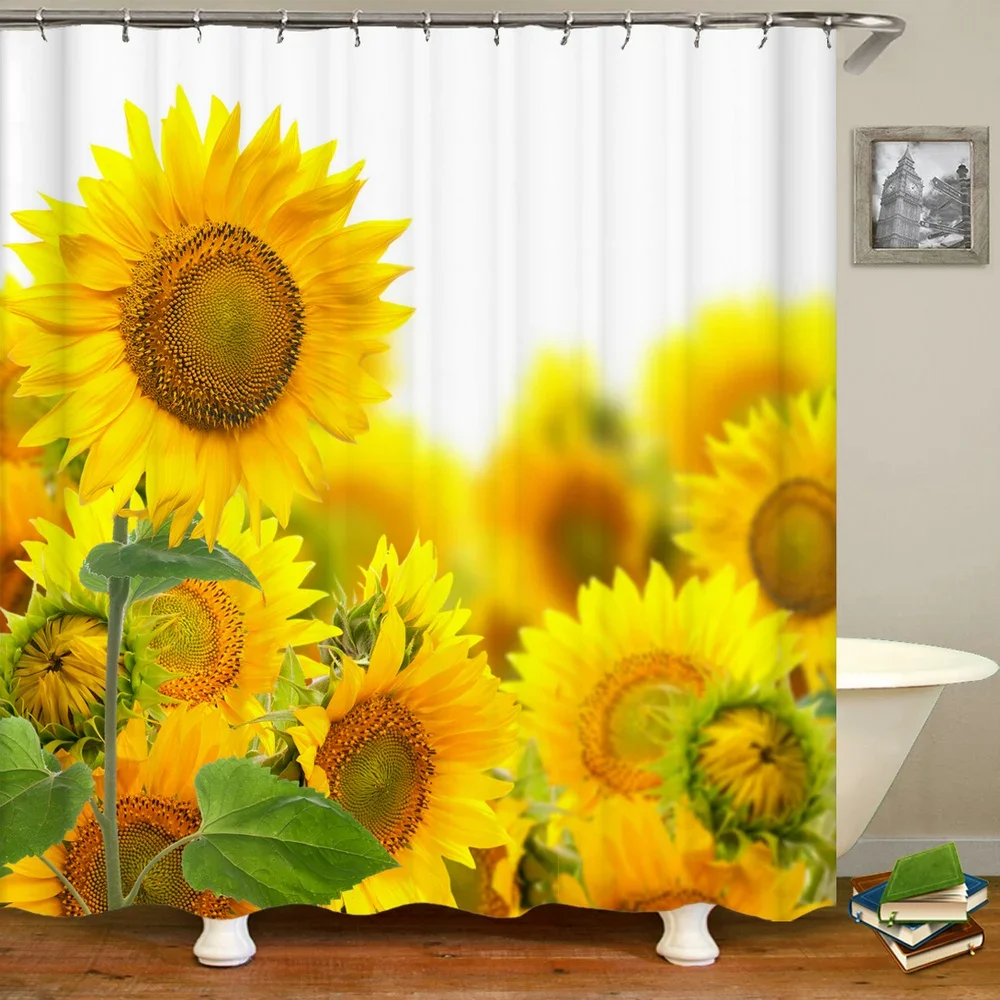 Sunflower Fresh Flowers Pattern Shower Curtain Bathroom Waterproof 3d Printing Bath Curtain With Hooks 180*180cm Polyester Cloth