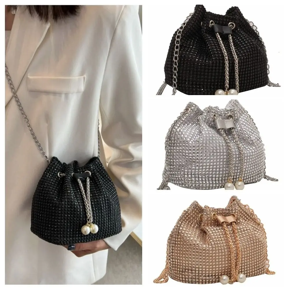 

Shiny Evening Banquet Bag Korean Style Small Purse Rhinestone Shoulder Bag Handbag Bucket Bag Drawstring Crossbody Bag Wedding