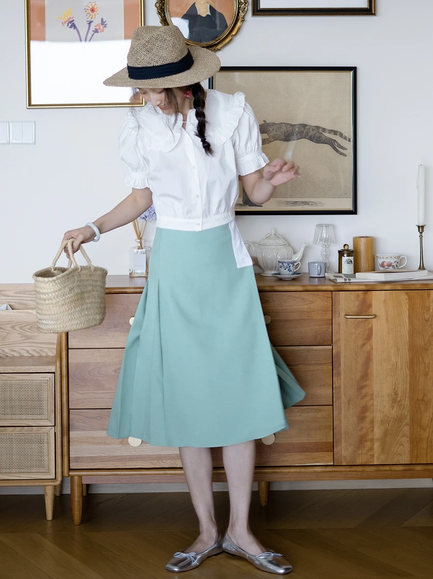 

Moonsee High Waist A-Line Skirt Slimming Pleated Midi Skirt een Mint Color Polyester Fiber Commute Sle Summer Season