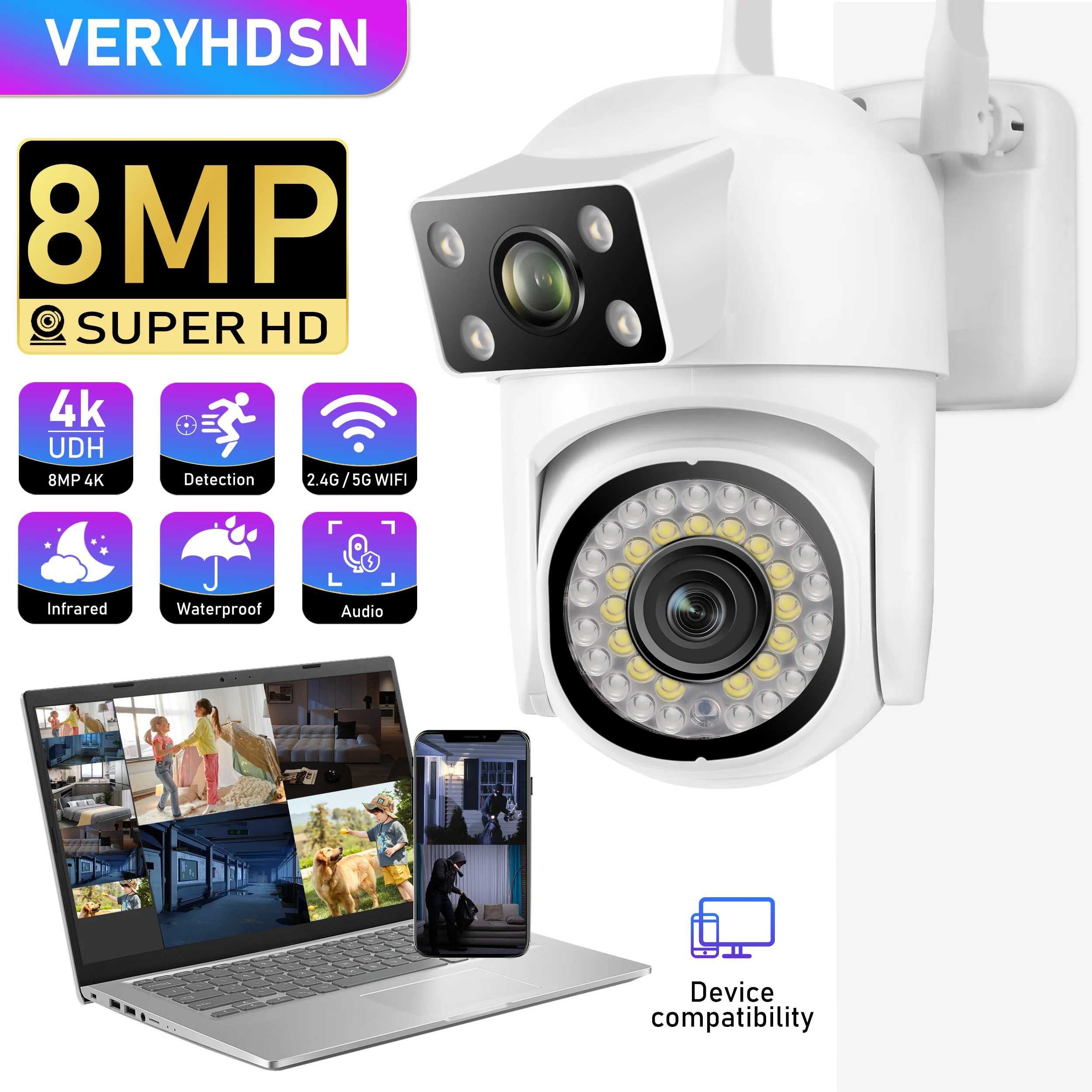 2.4G/5G HD 8MP PTZ Wifi Camera Four Screens Full Color Night Vision Security Human Detection Audio Tracking Surveillance Cameras