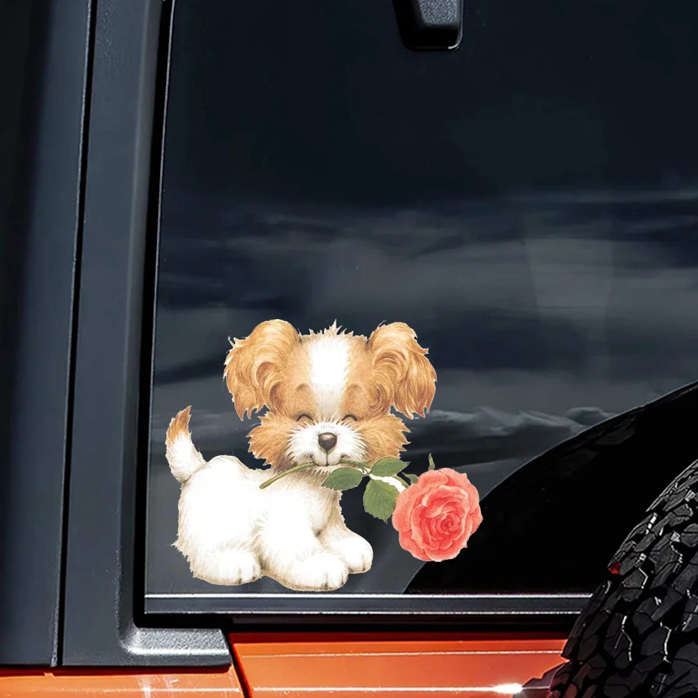 QT2586#A Cute Puppy Holding Roses  Waterproof Vinyl Stickers for Car, Laptop, Wall and Glass Surface
