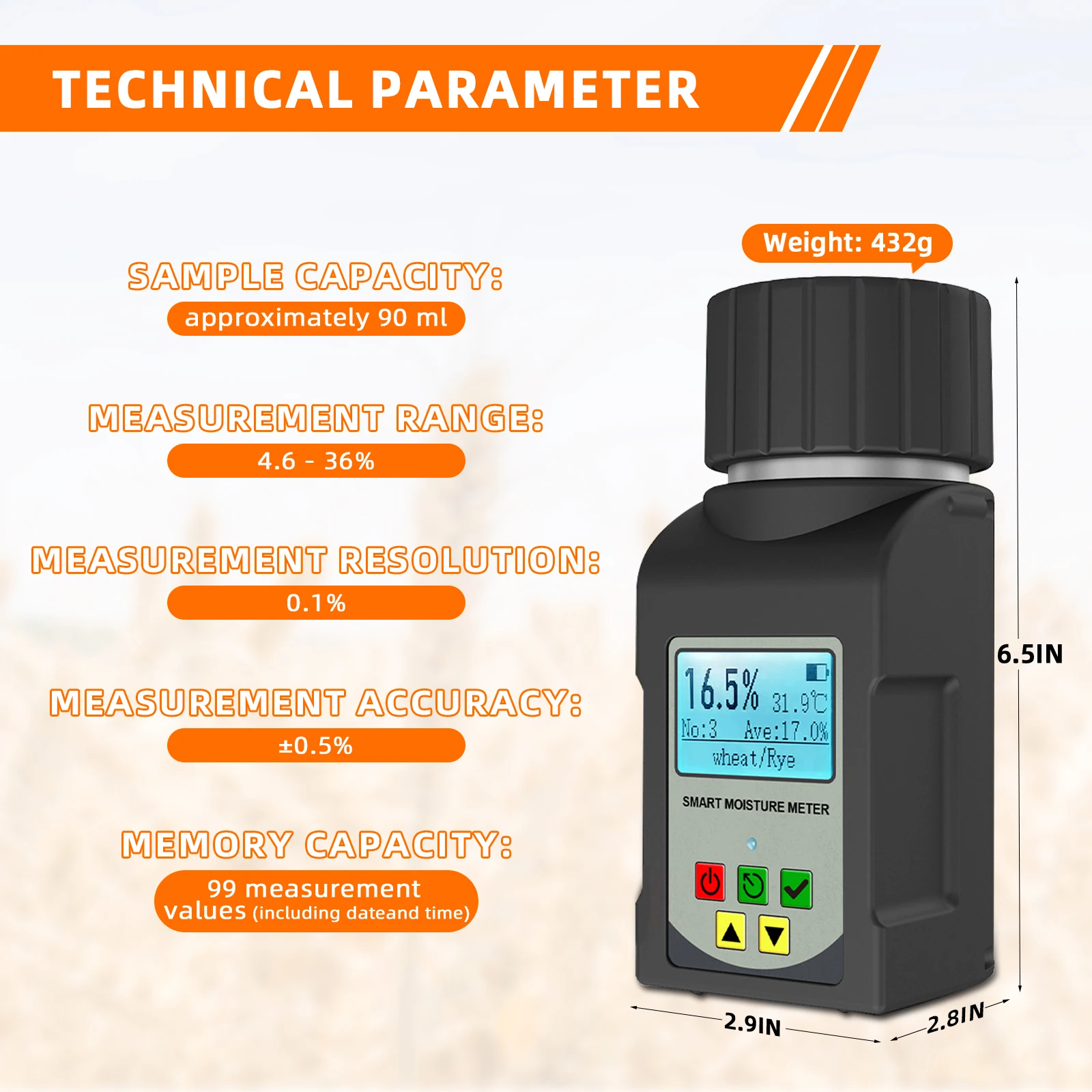 Grain Moisture Meter Coffee Bean Tester Voice Broadcast Backlight ±0.5% Accuracy 250 Data for Coffee Growers Roasters Farmers