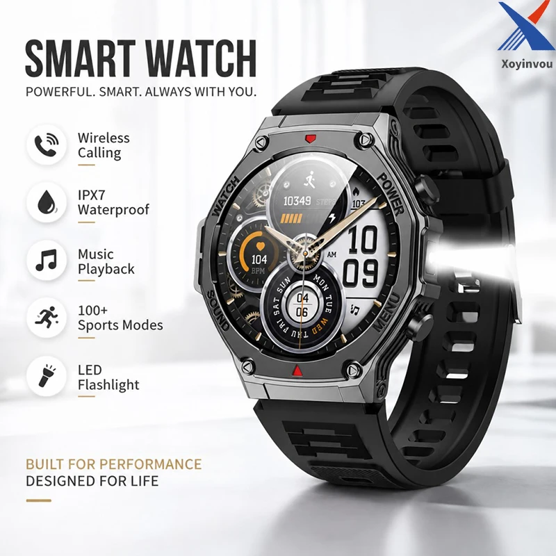 Men Rugged Smart Watch Bluetooth Wireless Call IPX7 Waterproof Built‑in LED Flashlight Music Playback 100+Sports Modes Fitness T