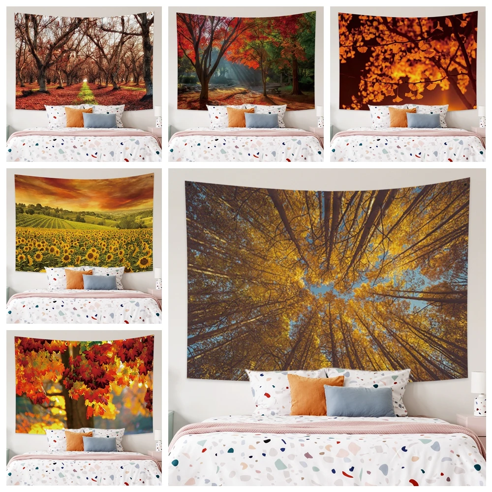 Autumn Forest Tree Maple Leaf Tapestry Bedroom Living Room Nature Landscape  Art Home Decor Wall Hanging Rug