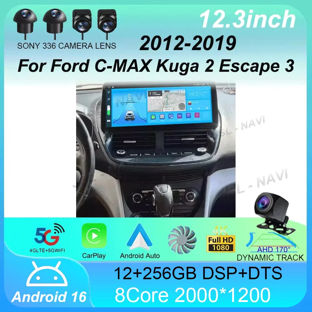 12.3 inch Android 16 For Ford C-MAX Kuga 2 Escape 3 2012 - 2019  Car Radio Carplay GPS Navigation  Auto Screen Stereo 5G Wifi