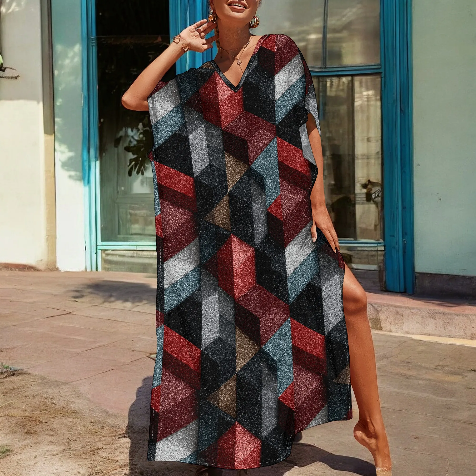 

Abstract Geometric Kaftan Dress S-3XL 3D Cube Illusion Print V-Neck Relaxed Fit for Art Walk, Lounge, or Creative Events