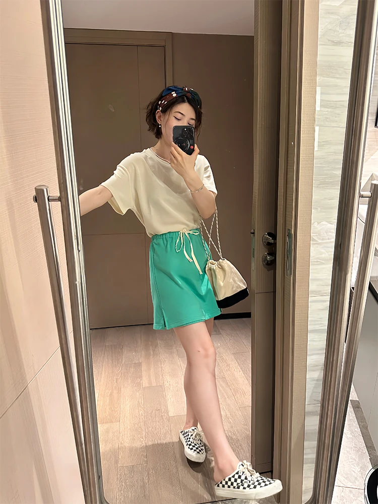 5Eleven Soft Skin-Friendly ort-Sve T-irt round Ne Loose Summer Pure Color Versatile Commute Japanese Sle Fre