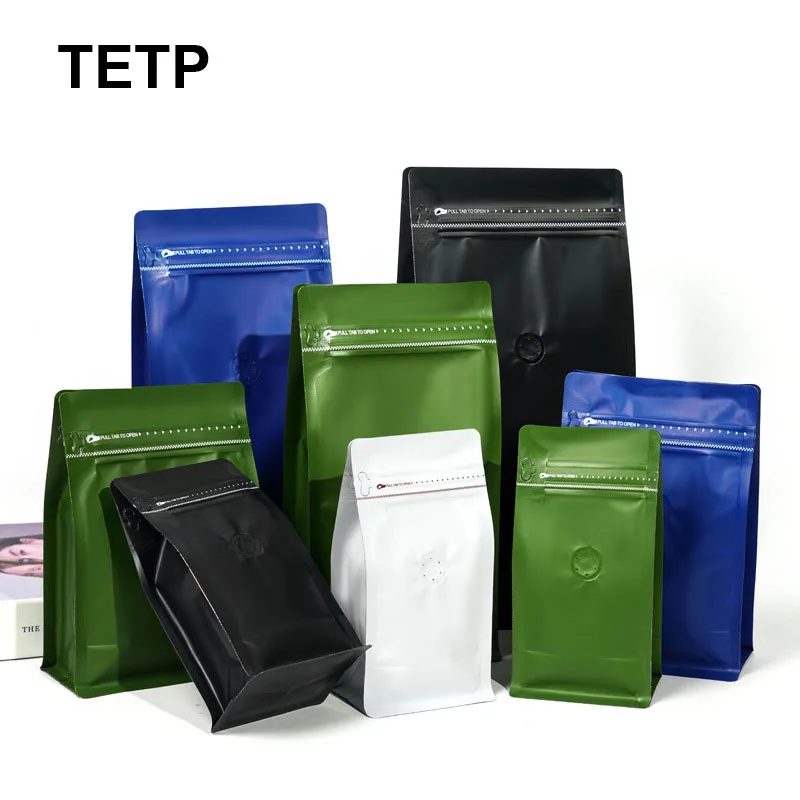 TETP 50Pcs Torebki na kawę z zaworem Folia aluminiowa Zgrzewalny boczny zamek błyskawiczny Domowa herbata Orzechy Kawa ziarnista Przechowywanie suchej żywności Wielokrotnego użytku