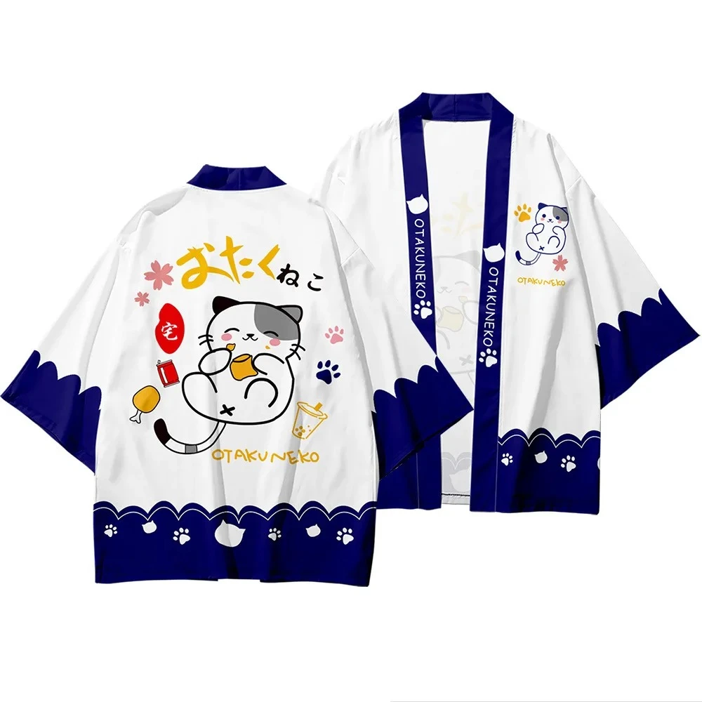 Traditional Cartoon Lucky Cat Kimono Summer Beach Sun Protection Cardigan Men Women Fun Feather Weaving Kids Tops