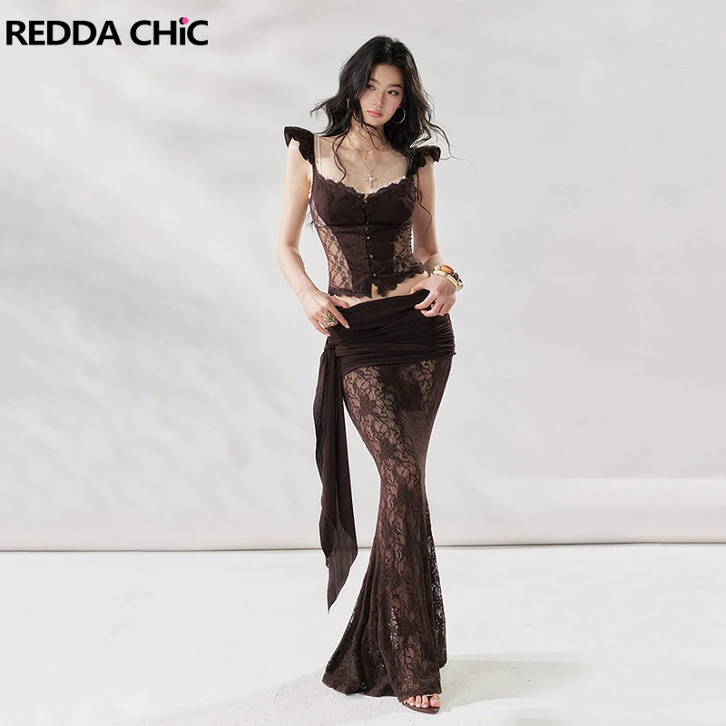 REDDACHiC Hollow Out Lace Blouse Skirt Matching Set Women Sexy Low Rise Maxi Bodycon Skirt V-neck Fly Sleeve Top Vintage Clothes