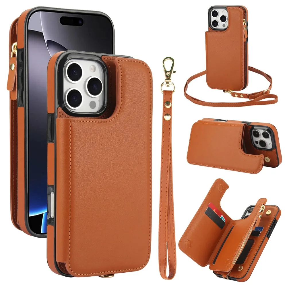 

Lanyard Wrist Strap with Card Holder Wallet Phone Case for IPhone 13 12 Mini 16 15 14 11 Pro Max XS XR 7 8 Plus Leather Cover