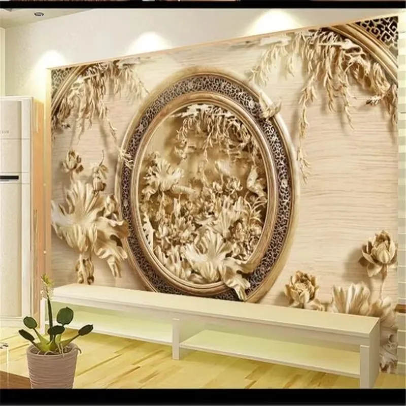 Customized wallpaper 3D wood carving lotus flower living room TV background wall decoration painting mural papier peint