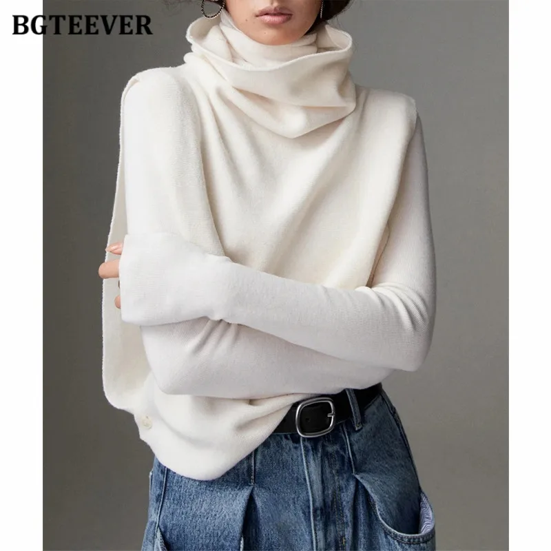 BGTEEVER Autumn Winter Stylish Women Turtleneck Vests Elegant Loose Sleeveless  Knitted Sweaters Jumpers Female