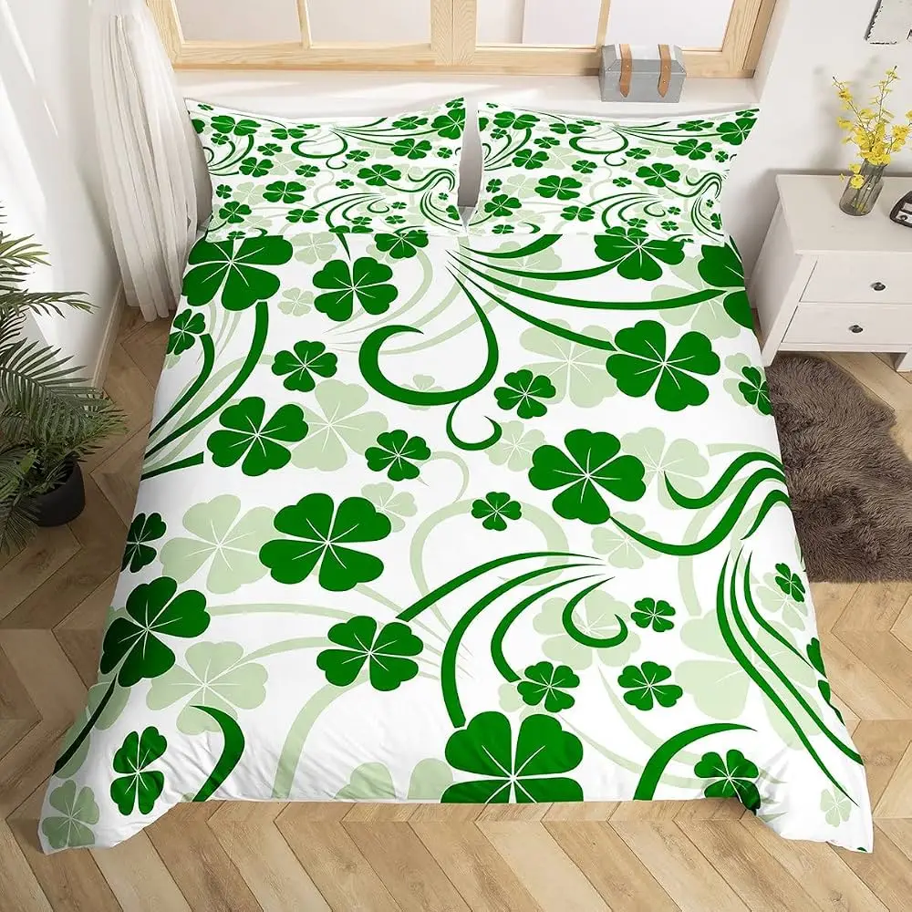 Green Clover Duvet Cover Full King Size St.Patrick's Day Bedding Set Lucky Clover Leaves Comforter Cover Shamrock Leaves Bed Set