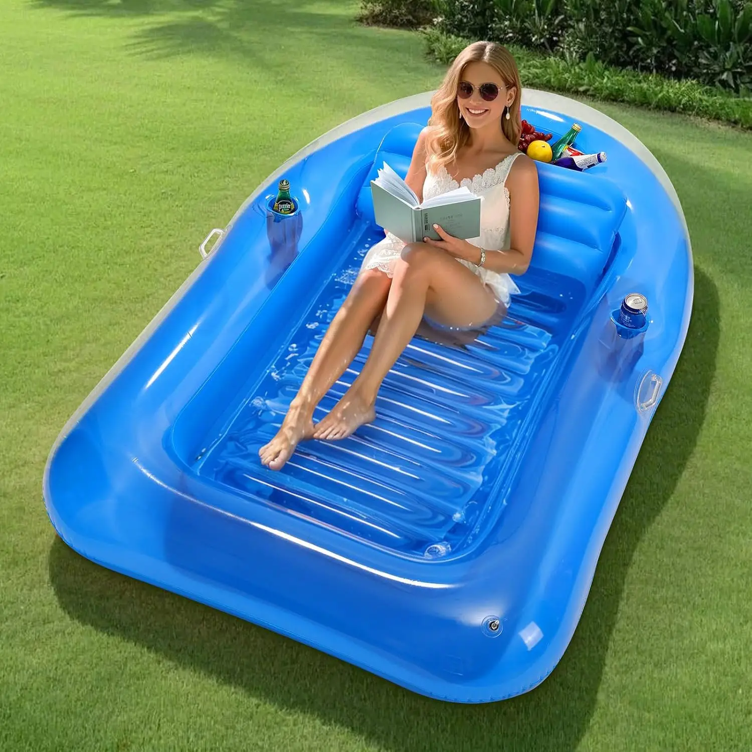 

Pool Floats Adult, Floating Bed with Ice Bar, Tanning Bed Pool Raft Inflatable Lounger with Drink Holder Tanning Chair Inf