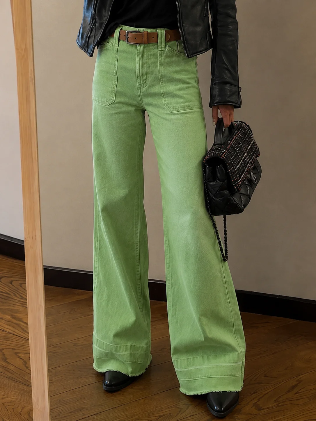 Women Vintage Green High Waist Flare Jeans Front Pockets Frayed Hem Wide Leg Denim Pants Casual Fashion Streetwear Ladies Color
