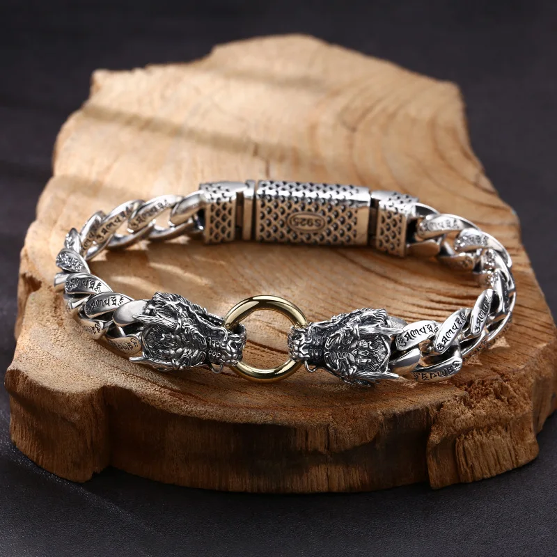 bracelet personality double snake head bite ring bracelet splendid trendy Thai silver vintage distressed ornament