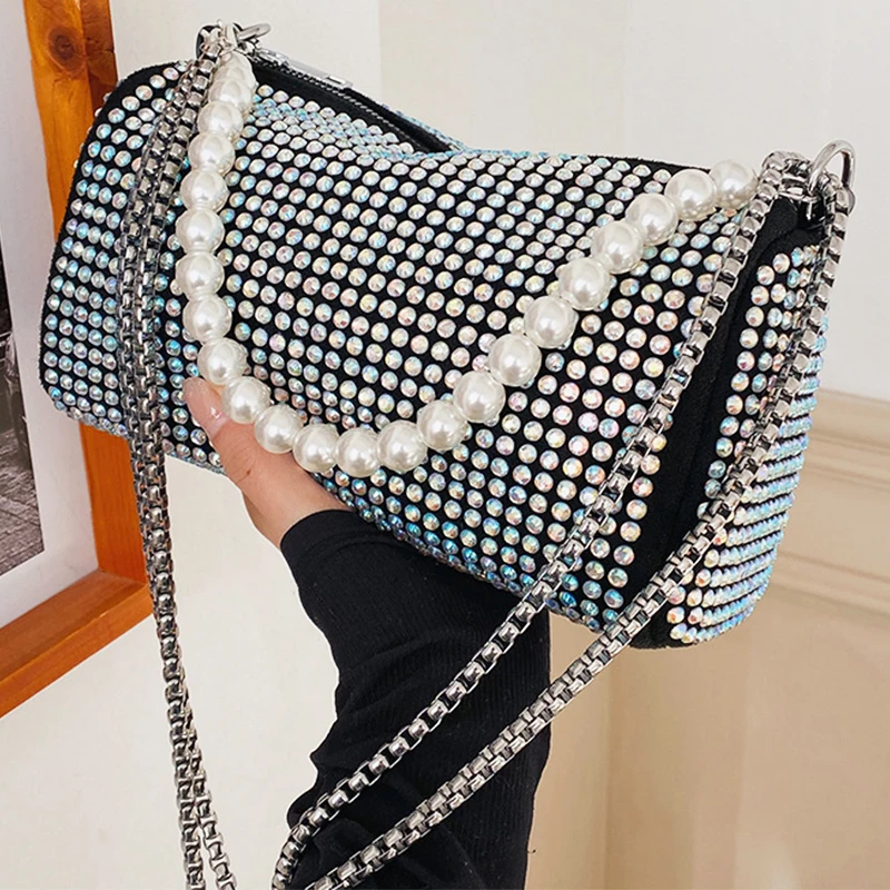 

Best Selling Women Diamond Shoulder Handbags Elegant Pearl Chain Small Crystal Crossbody Messenger Purses Lady Girls Cluthces