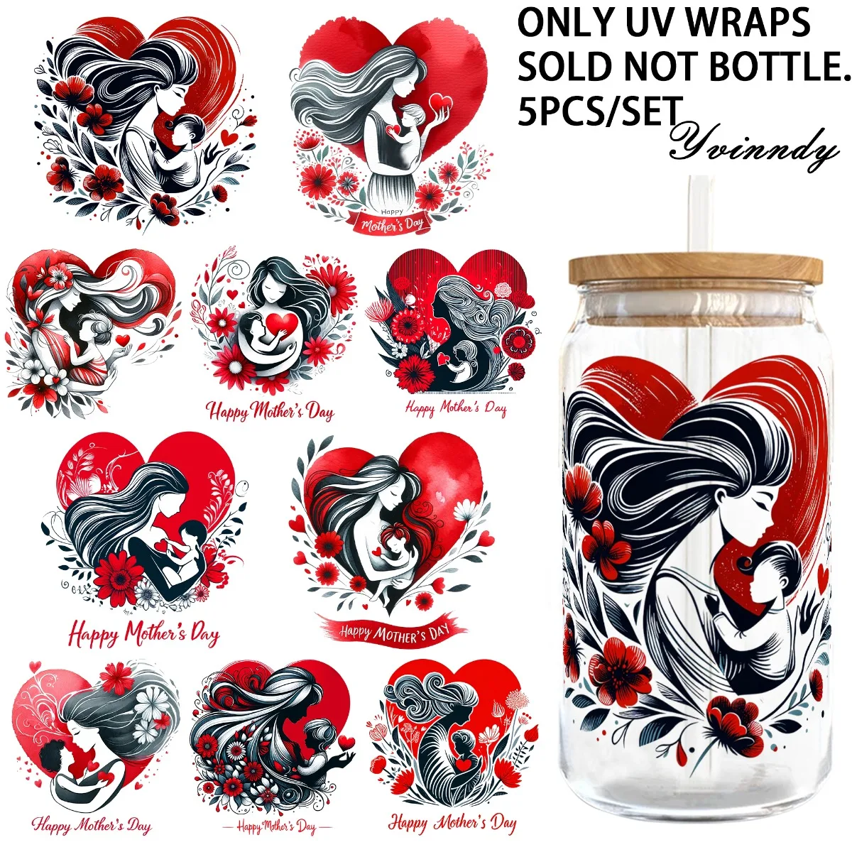 

5Pcs/Set Mother's Day 16OZ Glass Jar UV DTF High Self-Adhesive Suitable For Decorating Cups And Bottles