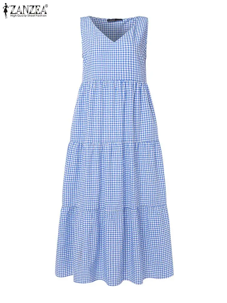 ZANZEA Bohemian Summer Plaid Checked Sundress Women Vintage V Neck Sleeveless Midi Dress Fashion Holiday Party Vestido Robe 2024