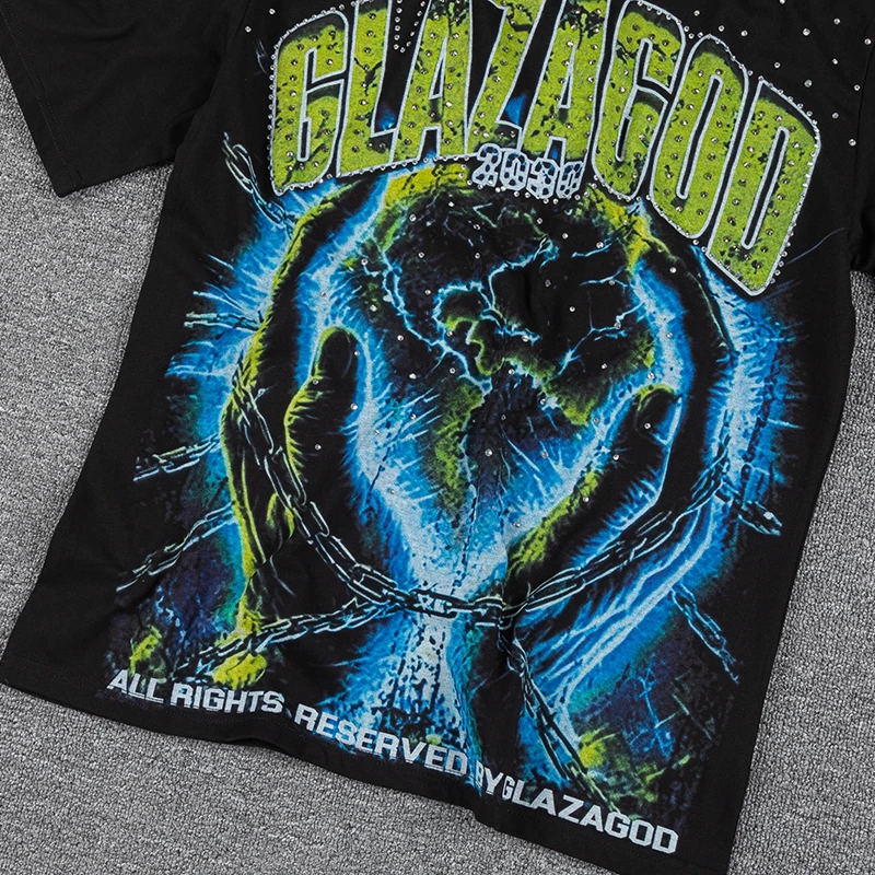 Hip-Hop-Rap-Style T-Shirts mit Strass-Buchstabendruck, Unisex, Oversized, Schwarzes T-Shirt, Grafik-Bekleidung, Streetwear, Freizeit-Oberteile aus Baumwolle – Detail 3