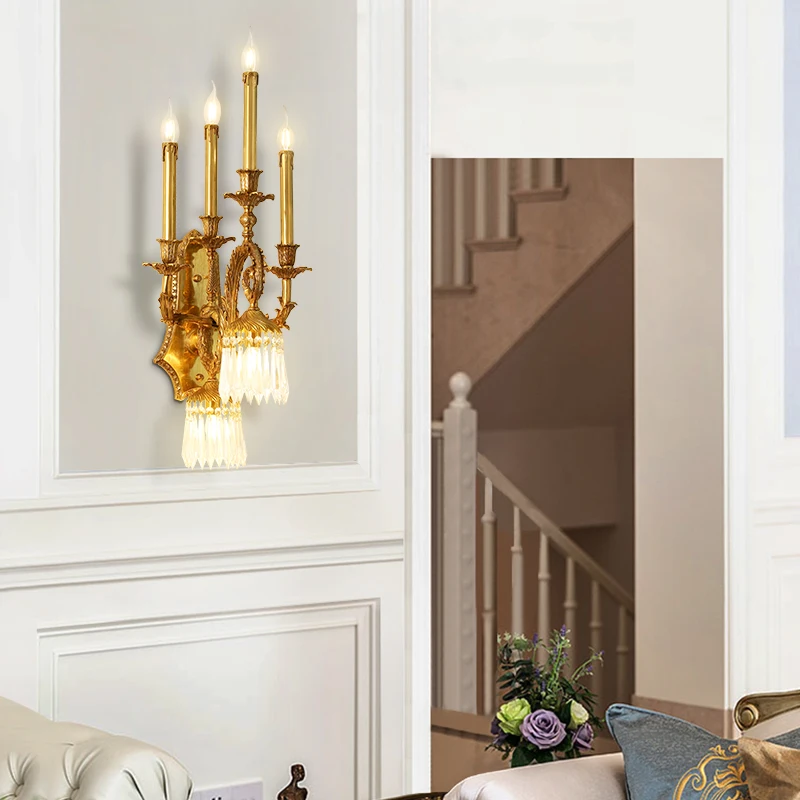 French Full Copper Bedroom Bedside Crystal Wall Lights Luxury Vintage Hotel Villa Hall Staircase Corridor Wall Lamp