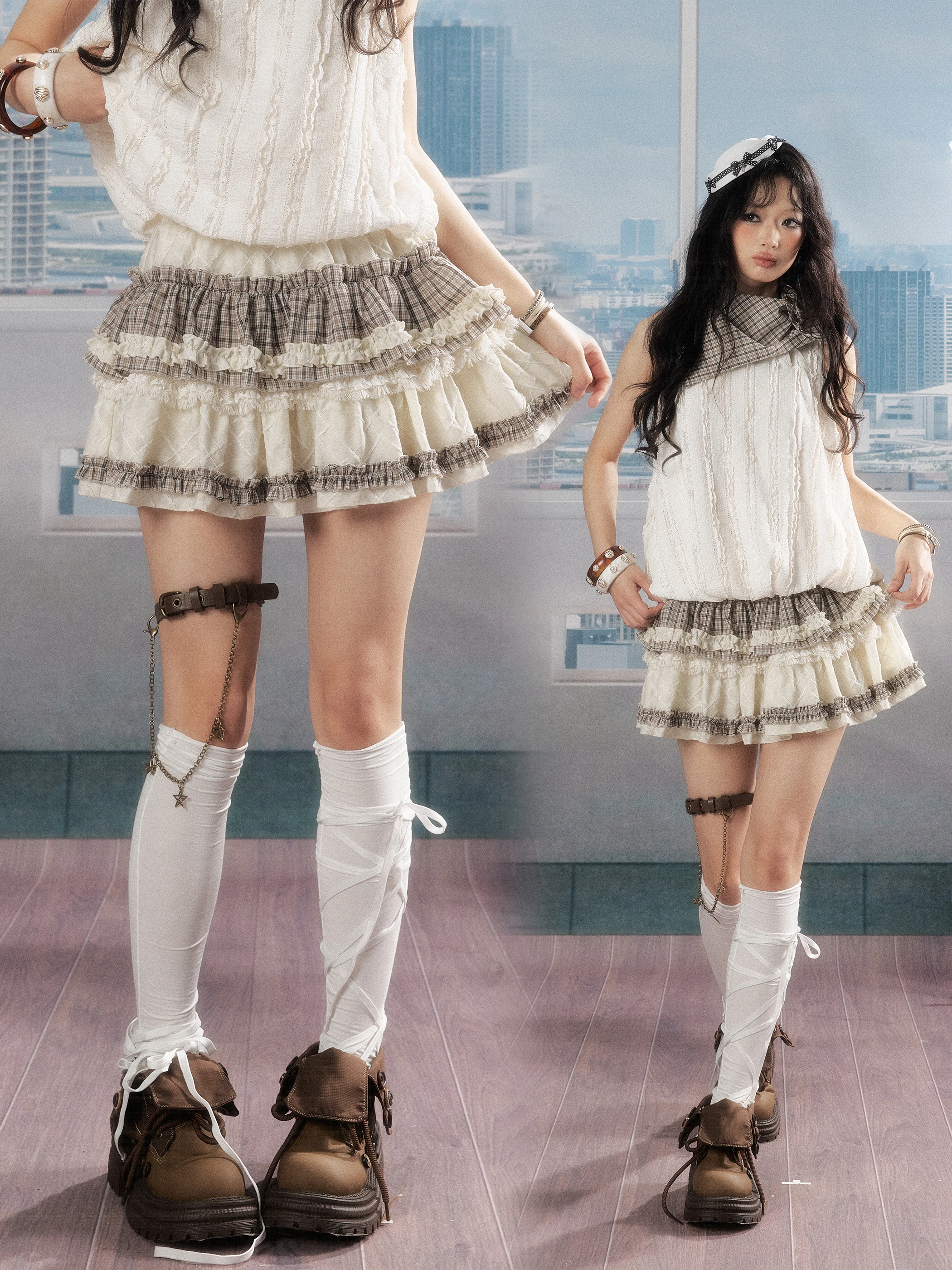 

Original ALL in Plan Plaid Skirt for Women Lace Splicing Fringe A-Line Skirt Summer Season Cotton Blend Fabric Half Body...
