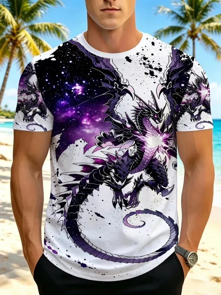 Fashion New Men's Galaxy Dragon Space All‑Over Print T‑Shirt Crew Neck Short Sleeve Tee Trendy Street Casual Tops