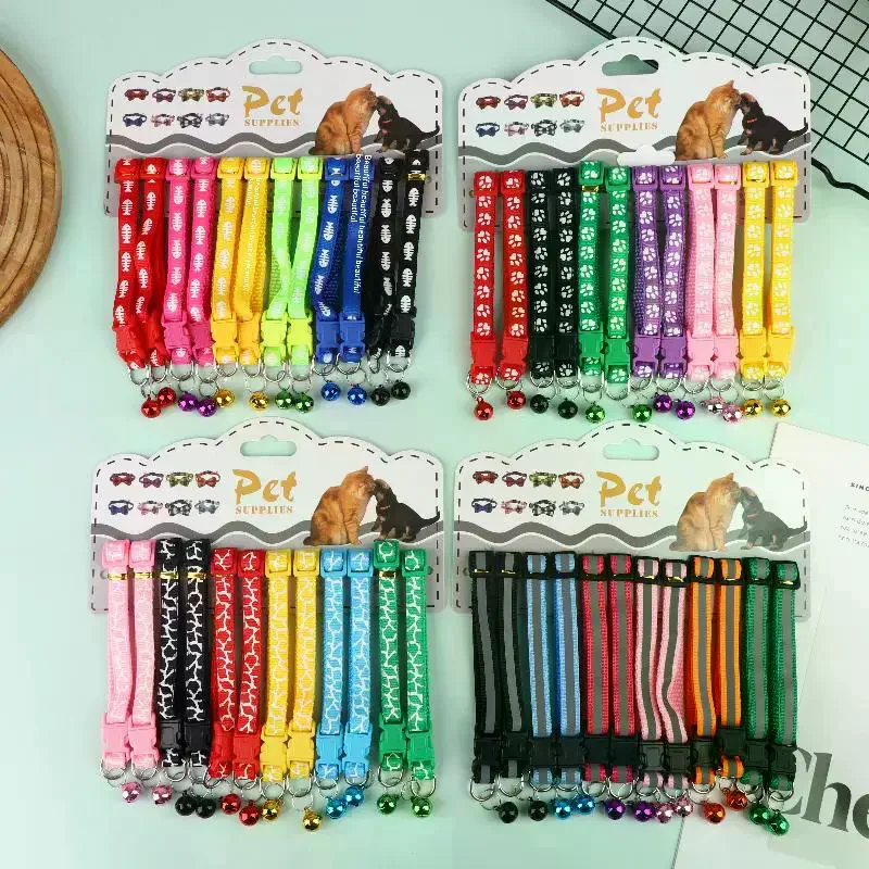 12Pcs 6 Colors Pet Cat Puppy Buckle Collar With Bell Footprint Mix Color Anti-Lost Dog Collars Pet Accessories