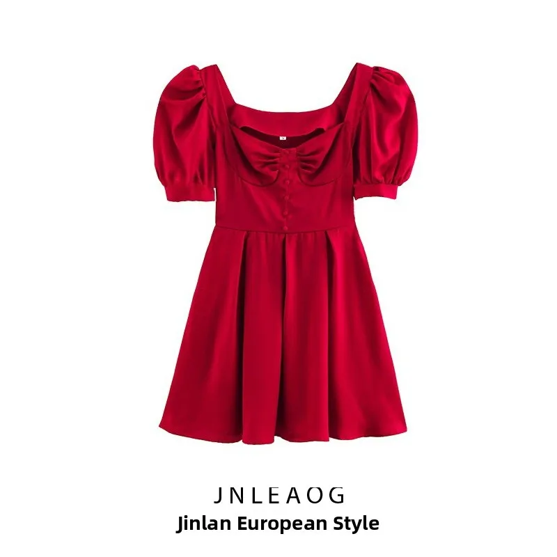 กระโปรงทรงเอเอวสูงผ้าซาตินคอเหลี่ยมแขนพองดีไซน์แฟชั่นใหม่สำหรับผู้หญิงฤดูใบไม้ผลิ JNLEAOG