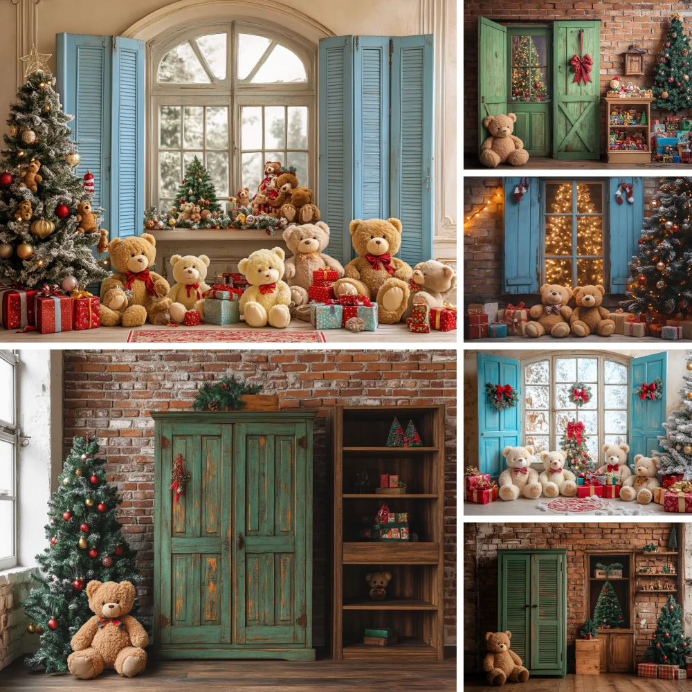 

Christmas Photography Background Xmas Shop Tree Blue Wooden Window Display Bear Kids Family Christmas Party Decor Backdrop