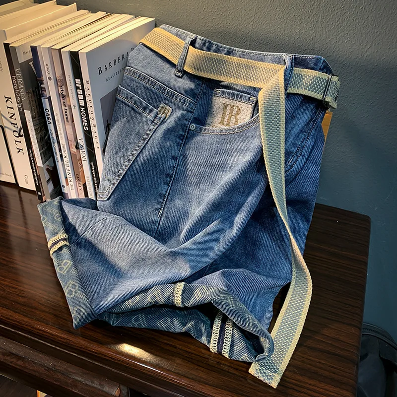 Casual Denim Shorts Men's Loose Trendy Embroidered Cropped Pants Summer Thin Light Luxury High-End Washed Stretch Capri Pants