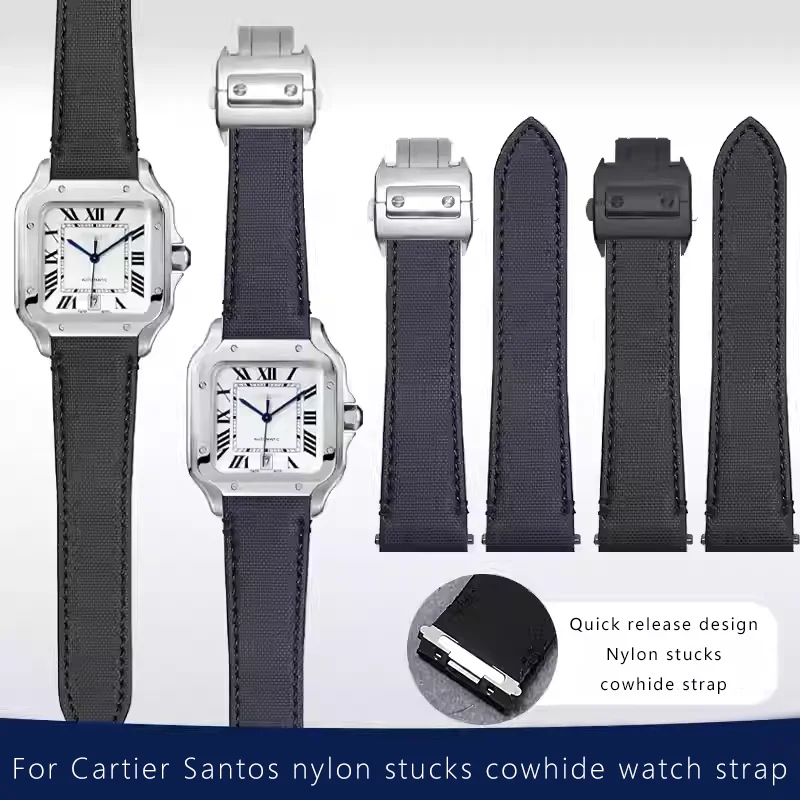 Nylon+cowhide leather watch strap for Cartier Santos 21mm quick release steel end piece watch band soft comfortable wristband