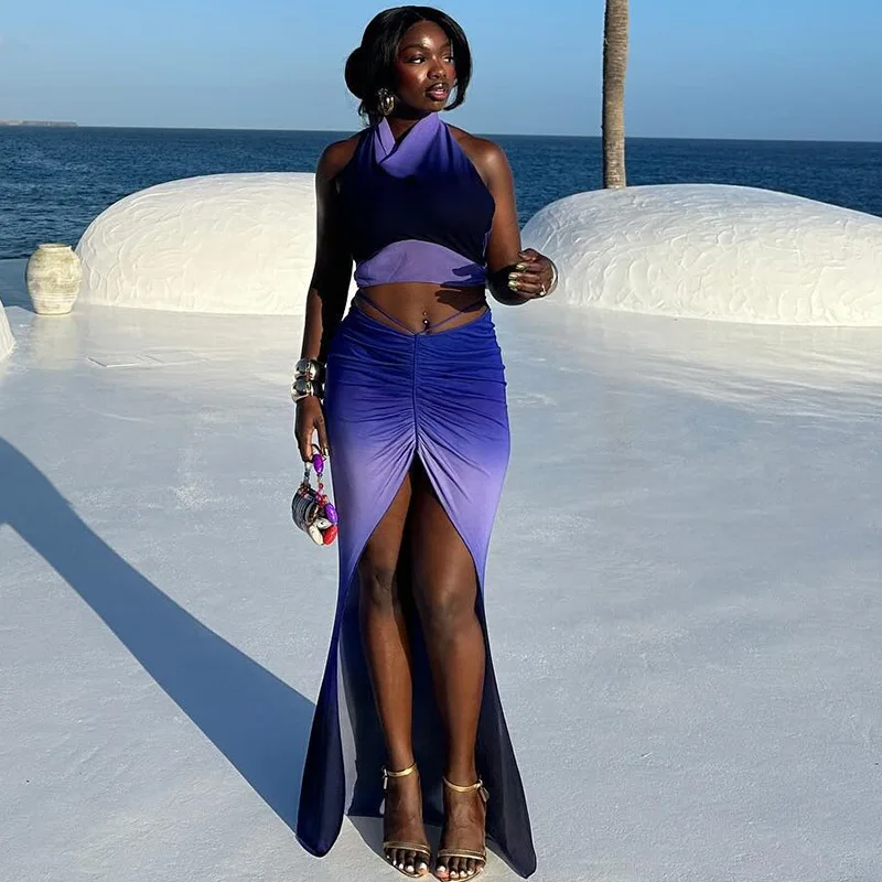 

Градиентный комплект из 2 предметов, женские модные сексуальные укороченные топы на бретельках с лямкой на шее и открытой спиной + облегающие макси-юбки с рюшами и разрезом, праздничные костюмы