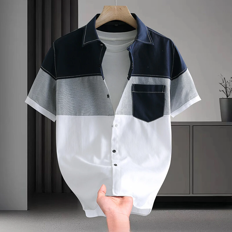 Men Summer New Denim Short Sleeve Shirt Lapel Button Down Pocket Hem Loose Lightweight Casual Streetwear Top Breathable Simple