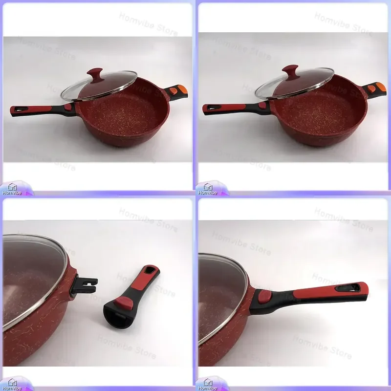 28cm Die-Cast Aluminum Wok Pan with Removable Long Handle for Cooking Stir-Frying Frying Shallow Soup Pot Kitchen Cookware