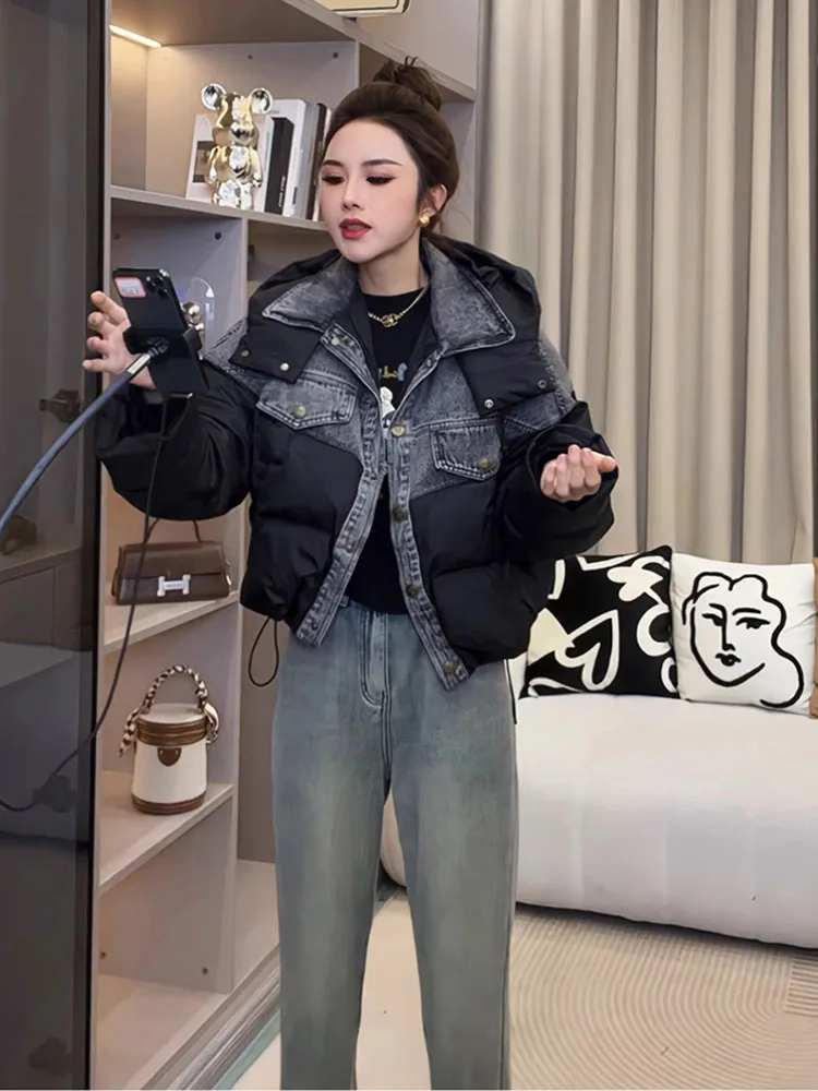 Winter Thick Women's Short Down Cotton Jacket Fashion Cowboy Splicing Single Breasted Female Outdoor Leisure Warmth Coats