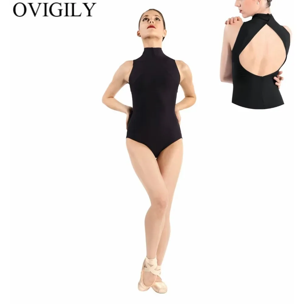 OVIGILY, leotardo de baile de Ballet sin mangas para niños, espalda abierta, cuello simulado, Leotardos negros, Ropa de baile para niñas, Tops de espectáculo de actuación