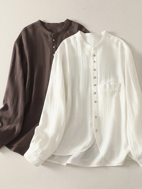 

Retro Silver Button Chinese Zen Sle Linen irt Large Size Women's Single ket Long Sve Stand Collar Asymmetrical Open...