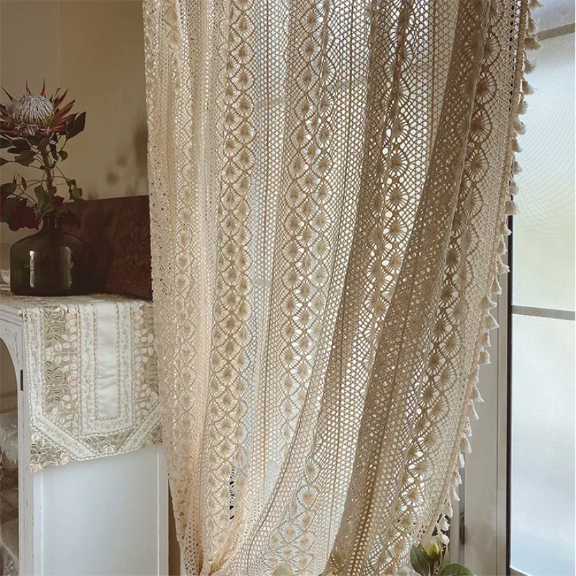 Boho Curtains for Living Room Vintage Handmade Crochet Farmhouse Hollow Out Knitting Lace Rod Light Filtering Drapes Bedroom